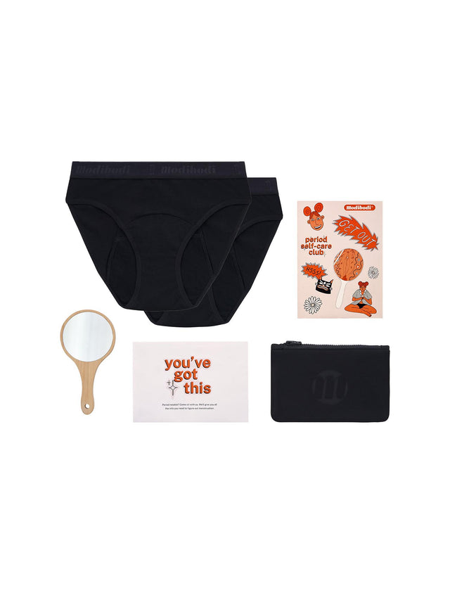 Teen First Period Kit with 2 Hipster Bikini Moderate Black