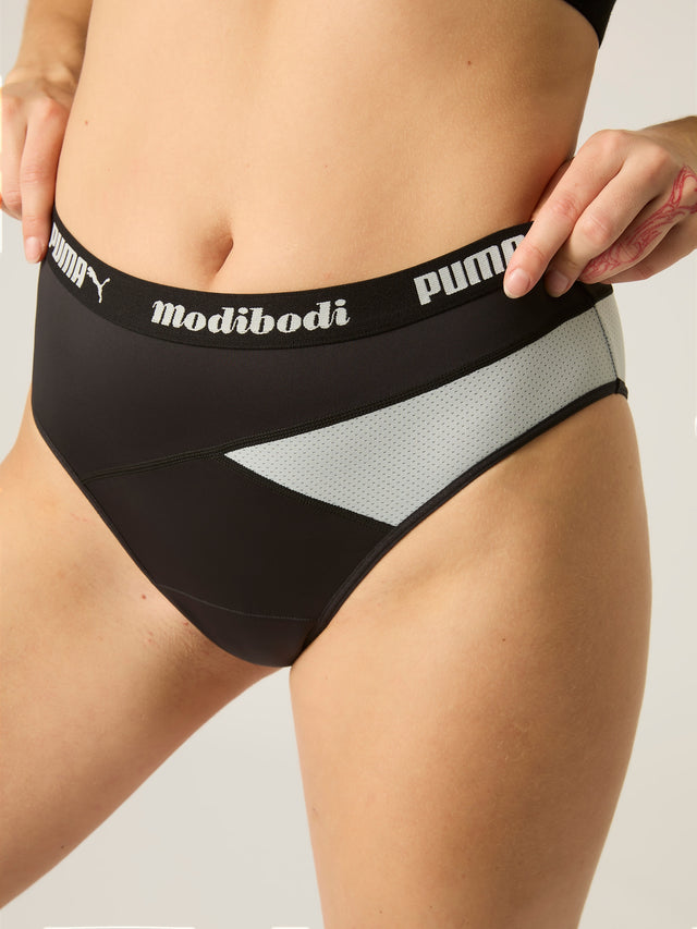 Puma X Modibodi Active Hi Cut Full Brief Moderate Black/Platinum Grey